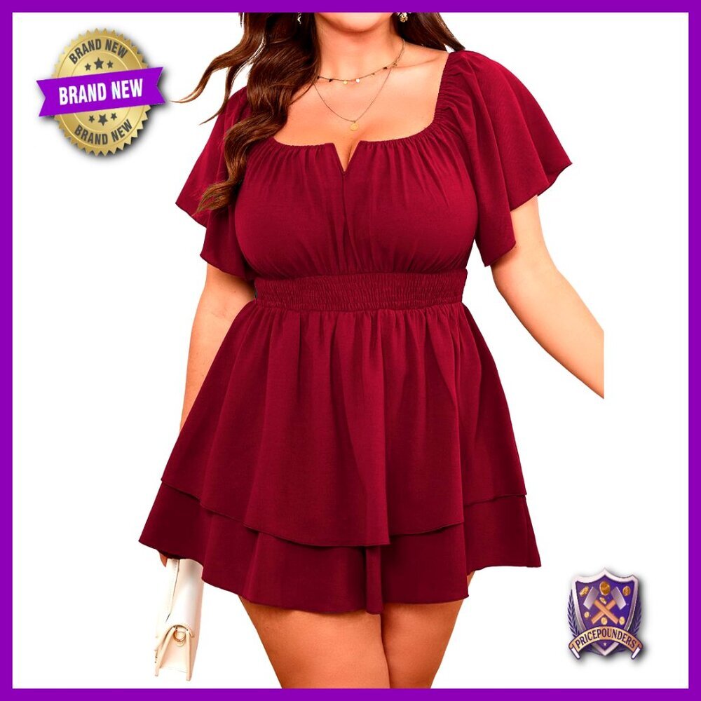 Plus Size Romper Dress Square Neck High Waist Ruffle Tiered Boho Short Jumpsuit